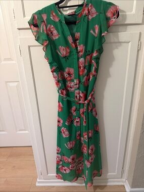 Green Floral Tie-Waist Midi Dress